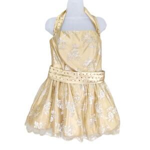 Jessica McClintock for Gunne Sax Gold Satin Dress Sz 11 Halter, Rhinestone, Lace